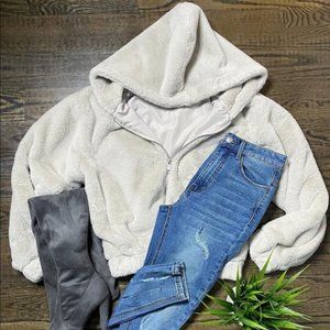 Grey Hooded Faux Fur Jacket